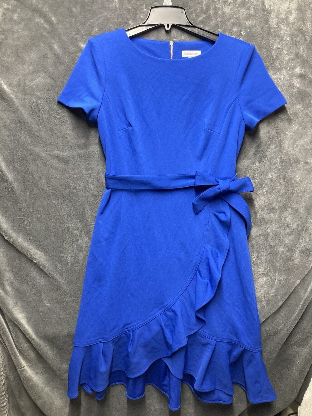 Calvin Klein Royal Blue Ruffle Hem Belted Sheath Dress Modest Timeless Wedding 8